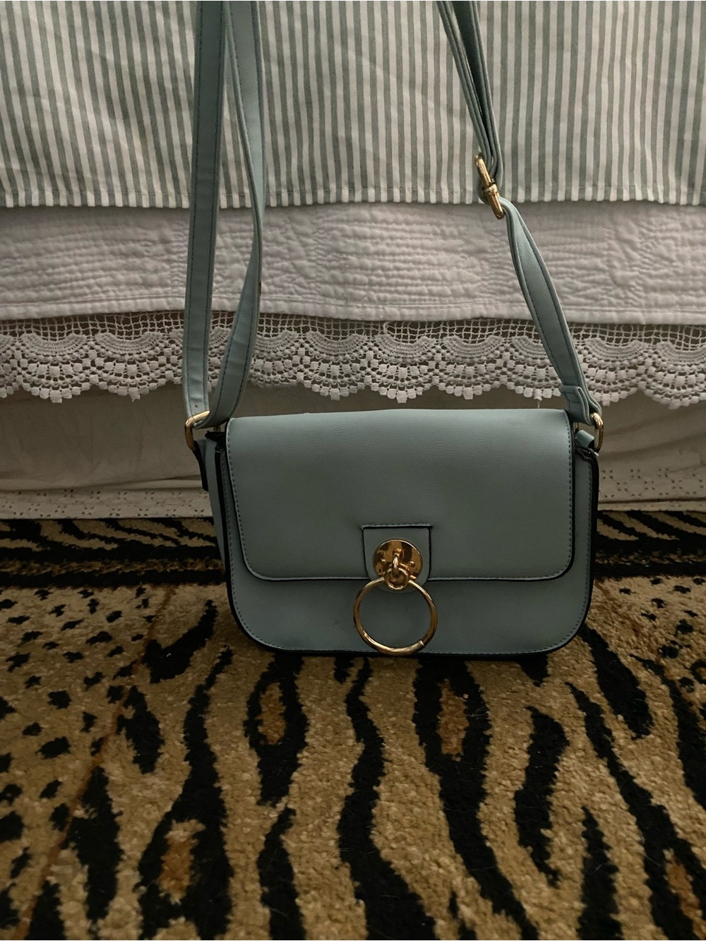 Light Blue Leather Crossbody Shoulder Bag with Gold Ring Accent